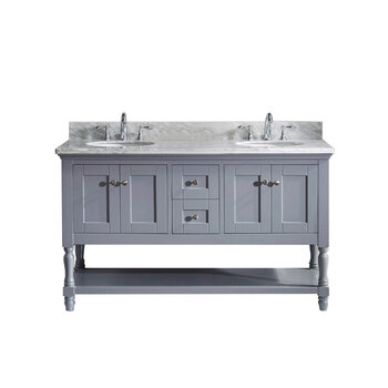 Virtu USA Julianna 60" Double Bathroom Vanity Set in Grey, Italian Carrara White Marble Top with Round Sinks