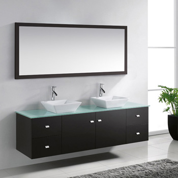 Bath Vanities Clarissa Espresso Wall Mounted Double Bath Vanity Set With Wall Mirror And Clear Glass Or White Stone Counter Tops By Virtu Usa Kitchensource Com