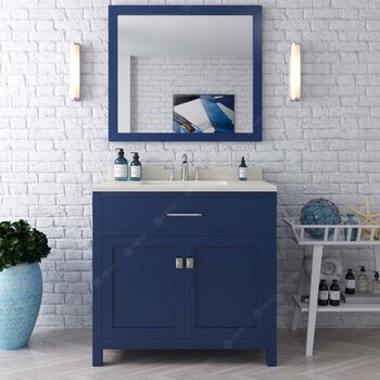 Virtu USA Caroline 36" Single Bathroom Vanity Set in French Blue, Dazzle White Quartz Top with Round Sink, Polished Chrome Faucets, Mirror Included