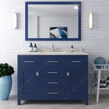 Virtu USA Caroline 48" Single Bathroom Vanity Set in French Blue, Dazzle White Quartz Top with Round Sink, Polished Chrome Faucets, Mirror Included