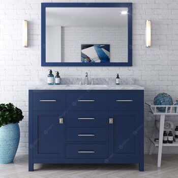 Virtu USA Caroline 48" Single Bathroom Vanity Set in French Blue, Italian Carrara White Marble Top with Round Sink, Polished Chrome Faucets, Mirror Included