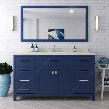 Virtu USA Caroline 60" Single Bathroom Vanity Set in French Blue, Dazzle White Quartz Top with Round Sink, Brushed Nickel Faucets, Mirror Included