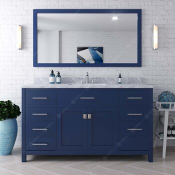 Virtu USA Caroline 60" Single Bathroom Vanity Set in French Blue, Italian Carrara White Marble Top with Square Sink, Mirror Included