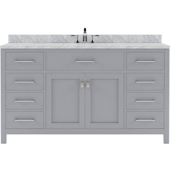 Virtu USA Caroline 60" Single Bathroom Vanity Set in Grey, Italian Carrara White Marble Top with Square Sink
