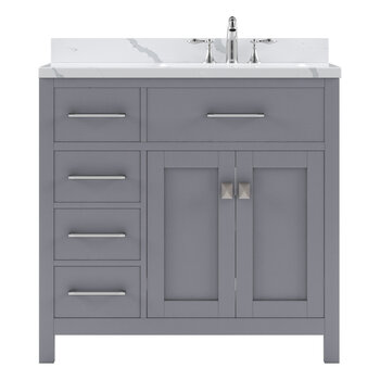 Virtu USA Caroline Parkway 36" Single Bathroom Vanity Set with Left Side Drawers in Grey, Calacatta Quartz Top with Round Sink