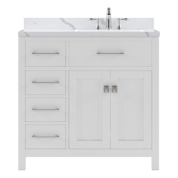Virtu USA Caroline Parkway 36" Single Bathroom Vanity Set with Left Side Drawers in White, Calacatta Quartz Top with Round Sink