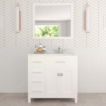 Virtu USA Caroline Parkway 36" Single Bathroom Vanity Set with Left Side Drawers in White, Calacatta Quartz Top with Round Sink, Mirror Included