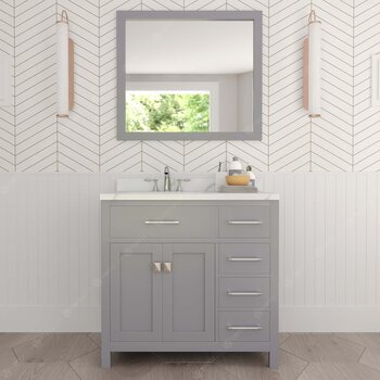Virtu USA Caroline Parkway 36" Single Bathroom Vanity Set with Right Side Drawers in Grey, Calacatta Quartz Top with Round Sink, Mirror Included