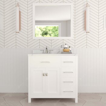 Virtu USA Caroline Parkway 36" Single Bathroom Vanity Set with Right Side Drawers in White, Calacatta Quartz Top with Round Sink, Mirror Included