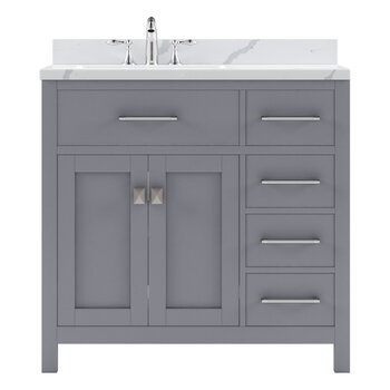 Virtu USA Caroline Parkway 36" Single Bathroom Vanity Set with Right Side Drawers in Grey, Calacatta Quartz Top with Square Sink