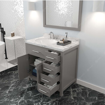 Cashmere Gray, Cultured Marble Quartz Top and Round Sink with Matching Mirror
