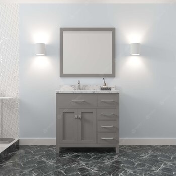 Virtu USA Caroline Parkway 36" Single Bathroom Vanity in Cashmere Gray with Cultured Marble Quartz Top and Square Sink with Brushed Nickel Faucet with Matching Mirror, 36" W x 22" D x 35" H