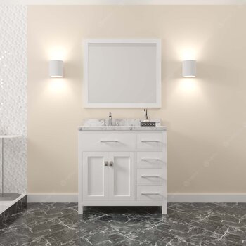 Virtu USA Caroline Parkway 36" Single Bathroom Vanity in White with Cultured Marble Quartz Top and Square Sink with Brushed Nickel Faucet with Matching Mirror, 36" W x 22" D x 35" H