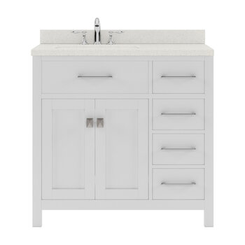 Virtu USA Caroline Parkway 36" Single Bathroom Vanity Set with Right Side Drawers in White, Dazzle White Quartz Top with Round Sink
