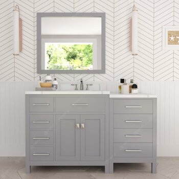 Virtu USA Caroline Parkway 57" Single Bath Vanity in Gray with Calacatta Quartz Top, Round Sink and Polished Chrome Faucet with Matching Mirror, 57" W x 22" D x 35" H