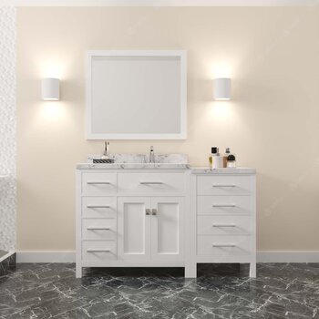 White, Cultured Marble Quartz Top, Round Sink and Brushed Nickel Faucet, Matching Mirror