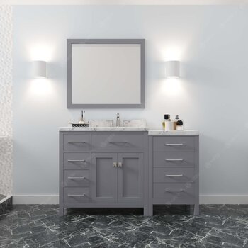 Gray, Cultured Marble Quartz Top, Square Sink and Brushed Nickel Faucet, Matching Mirror