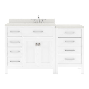 Virtu USA Caroline Parkway 57" Single Bathroom Vanity Set with Left Side Drawers & Side Cabinet in White, Dazzle White Quartz Top with Round Sink