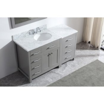Virtu USA Caroline Parkway 57" Single Bath Vanity Set in Cashmere Grey w/ Italian Carrara White Marble Countertop, Round Sink, Polished Chrome Faucet and Mirror, Base Cabinet: 56" W x 22-1/16" D x 34-11/16" H