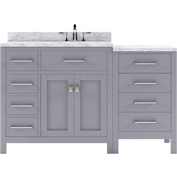 Virtu USA Caroline Parkway 57" Single Bathroom Vanity Set with Left Side Drawers & Side Cabinet in Gray, Italian Carrara White Marble Top with Round Sink