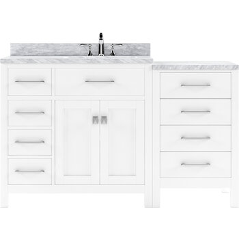 Virtu USA Caroline Parkway 57" Single Bathroom Vanity Set with Left Side Drawers & Side Cabinet in White, Italian Carrara White Marble Top with Round Sink