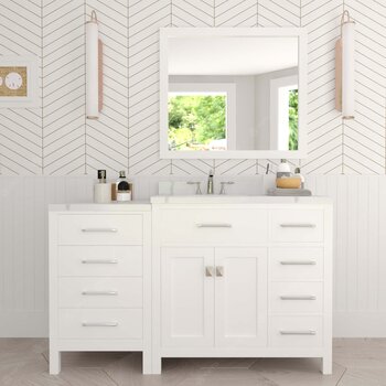 Virtu USA Caroline Parkway 57" Single Bath Vanity in White with Calacatta Quartz Top, Round Sink and Polished Chrome Faucet with Matching Mirror, 57" W x 22" D x 35" H