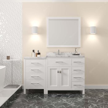 Virtu USA Caroline Parkway 57" Single Bath Vanity in White with Cultured Marble Quartz Top and Square Sink with Brushed Nickel Faucet with Matching Mirror, 57" W x 22" D x 35" H