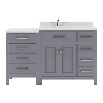 Virtu USA Caroline Parkway 57" Single Bathroom Vanity Set with Right Side Drawers & Side Cabinet in Gray, Dazzle White Quartz Top with Round Sink