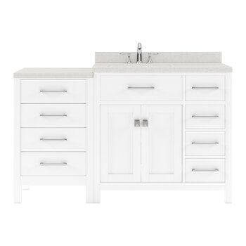 Virtu USA Caroline Parkway 57" Single Bathroom Vanity Set with Right Side Drawers & Side Cabinet in White, Dazzle White Quartz Top with Round Sink