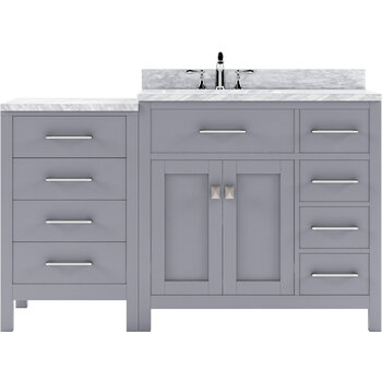 Virtu USA Caroline Parkway 57" Single Bathroom Vanity Set with Right Side Drawers & Side Cabinet in Gray, Italian Carrara White Marble Top with Round Sink