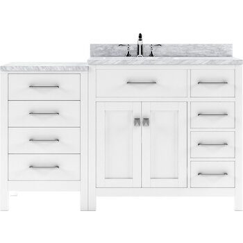 Virtu USA Caroline Parkway 57" Single Bathroom Vanity Set with Right Side Drawers & Side Cabinet in White, Italian Carrara White Marble Top with Square Sink
