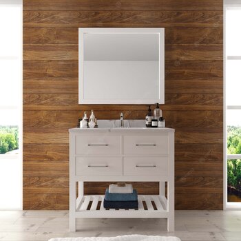 Virtu USA Caroline Estate 36" Single Bathroom Vanity Set in White, Calacatta Quartz Top with Square Sink, Mirror Included