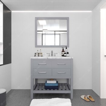 Virtu USA Caroline Estate 36" Single Bathroom Vanity Set in Grey, Cultured Marble Quartz Top with Square Sink, Polished Chrome Faucet, Mirror Included