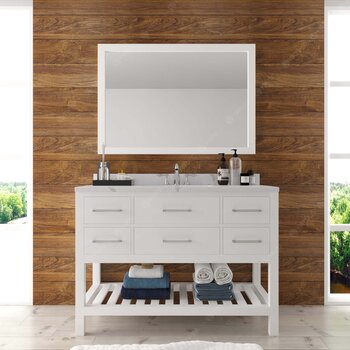 Virtu USA Caroline Estate 48" Single Bathroom Vanity Set in White, Calacatta Quartz Top with Round Sink, Polished Chrome Faucet, Mirror Included