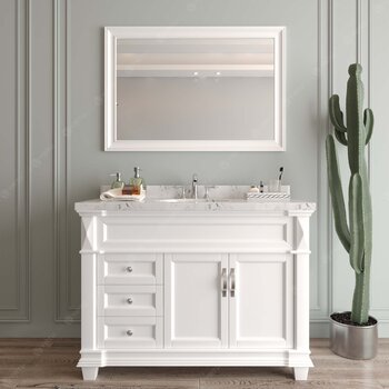 Virtu USA Victoria 48" Single Bathroom Vanity Set in White, Cultured Marble Quartz Top with Round Sink, Brushed Nickel Faucet, Mirror Included