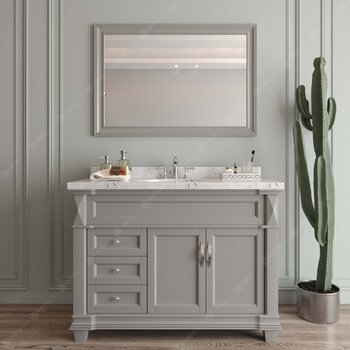 Virtu USA Victoria 48" Single Bathroom Vanity Set in Grey, Cultured Marble Quartz Top with Square Sink, Brushed Nickel Faucet, Mirror Included