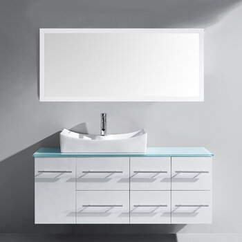 Virtu USA Ceanna Collection 53-1/2" W Wall Mounted Single Bath Vanity Set with White Cabinet Base, Aqua Green Tempered Glass Top, Square Sink, Polished Chrome Faucet, and Matching Mirror, 53-1/2" W x 22" D x 20-7/8" H