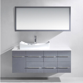 Virtu USA Ceanna Collection 53-1/2" W Wall Mounted Single Bath Vanity Set with Gray Cabinet Base, White Engineered Stone Top, Square Sink, Polished Chrome Faucet, and Matching Mirror, 53-1/2" W x 22" D x 20-7/8" H