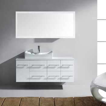 Virtu USA Ceanna Collection 53-1/2" W Wall Mounted Single Bath Vanity Set with White Cabinet Base, White Engineered Stone Top, Square Sink, Polished Chrome Faucet, and Matching Mirror, 53-1/2" W x 22" D x 20-7/8" H