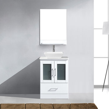 Virtu USA Zola 24"  White Single Basin Bathroom Vanity Set, White Engineered Stone Countertop, Brushed Nickel Faucet