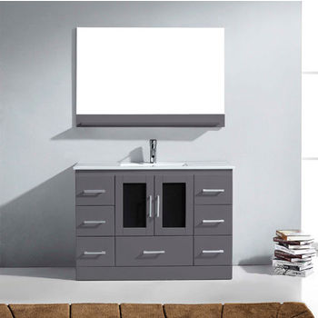 Virtu USA Zola Collection 48" Freestanding Single Bathroom Vanity Set in Grey (Set Includes: Main Cabinet, Ceramic Countertop w/ Intergrated Square Sink, Wall Mirror and Polished Chrome Faucet)