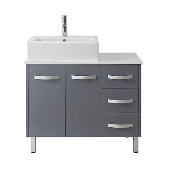 Virtu USA Tilda 36" Single Bathroom Vanity Set in Grey, White Engineered Stone Top with Square Vessel Sink, Polished Chrome Faucet