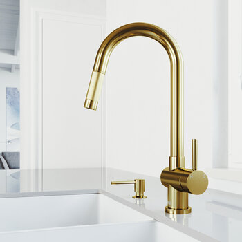 Vigo Gramercy Collection Matte Brushed Gold Single Handle Faucet w/ Bolton Soap Dispenser