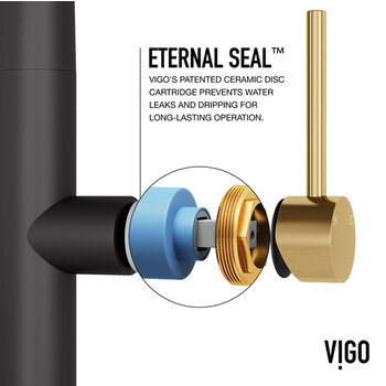 Vigo Single Handle Pull-Down Sprayer Kitchen Faucet in Matte Black and Matte Brushed Gold, Eternal Seal Info