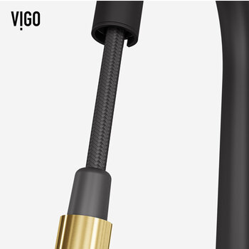 Vigo Single Handle Pull-Down Sprayer Kitchen Faucet in Matte Black and Matte Brushed Gold, Hose Close up View