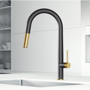 Vigo Single Handle Pull-Down Sprayer Kitchen Faucet in Matte Black and Matte Brushed Gold, Installed Angle View