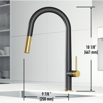 Vigo Single Handle Pull-Down Sprayer Kitchen Faucet in Matte Black and Matte Brushed Gold, Dimensions