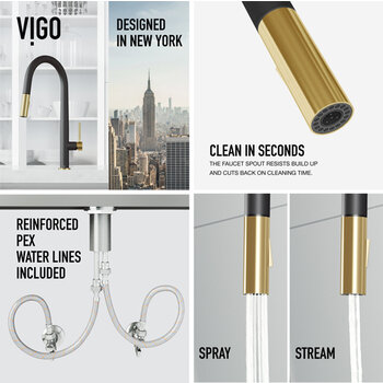 Vigo Single Handle Pull-Down Sprayer Kitchen Faucet in Matte Black and Matte Brushed Gold, Design in NY