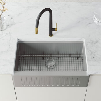 Vigo Single Handle Pull-Down Sprayer Kitchen Faucet in Matte Black and Matte Brushed Gold, Installed View