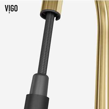 Vigo Single Handle Pull-Down Sprayer Kitchen Faucet in Matte Brushed Gold and Matte Black, Hose Close up View